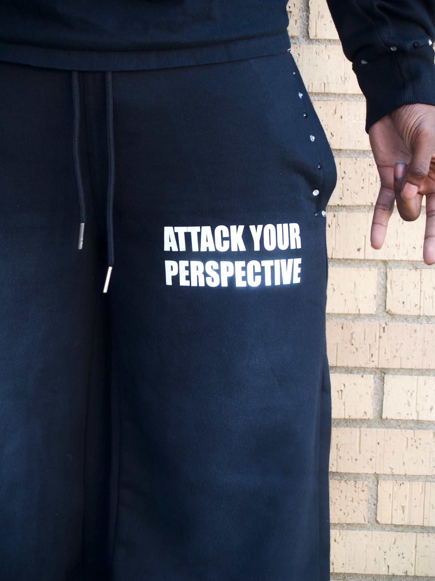 Attack Your Perspective Black Rhinestones Zip Up Set.