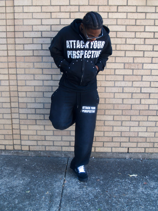 Attack Your Perspective Black Rhinestones Zip Up Set.