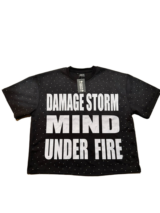 Black Rhinestones “Damage Storm Mind Under Fire” T-Shirt