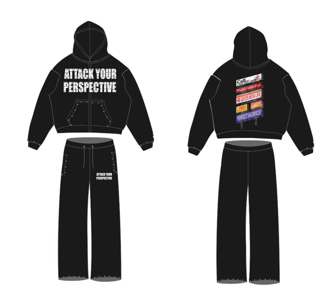 Attack Your Perspective Black Rhinestones Zip Up Set.