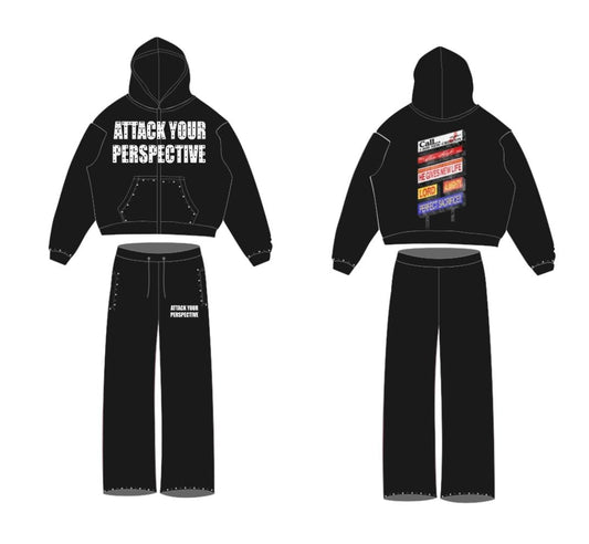 Attack Your Perspective Black Rhinestones Zip Up Set.