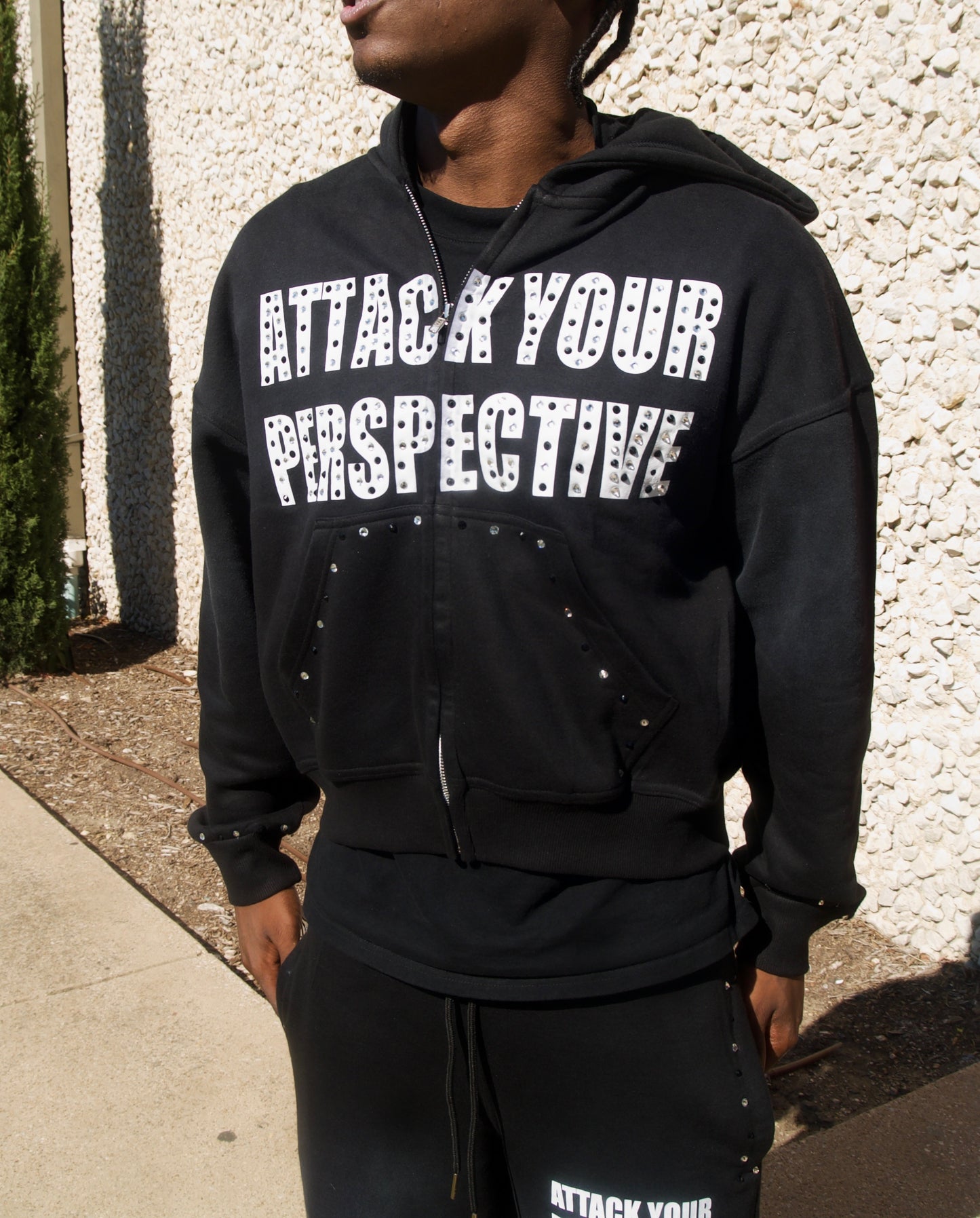 Attack Your Perspective Black Rhinestones Zip Up Set.